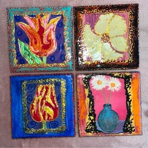 FLORAL ART TILES Coaster Set - Set 4 Coasters - Cork Backed Pre-Owned BOHO